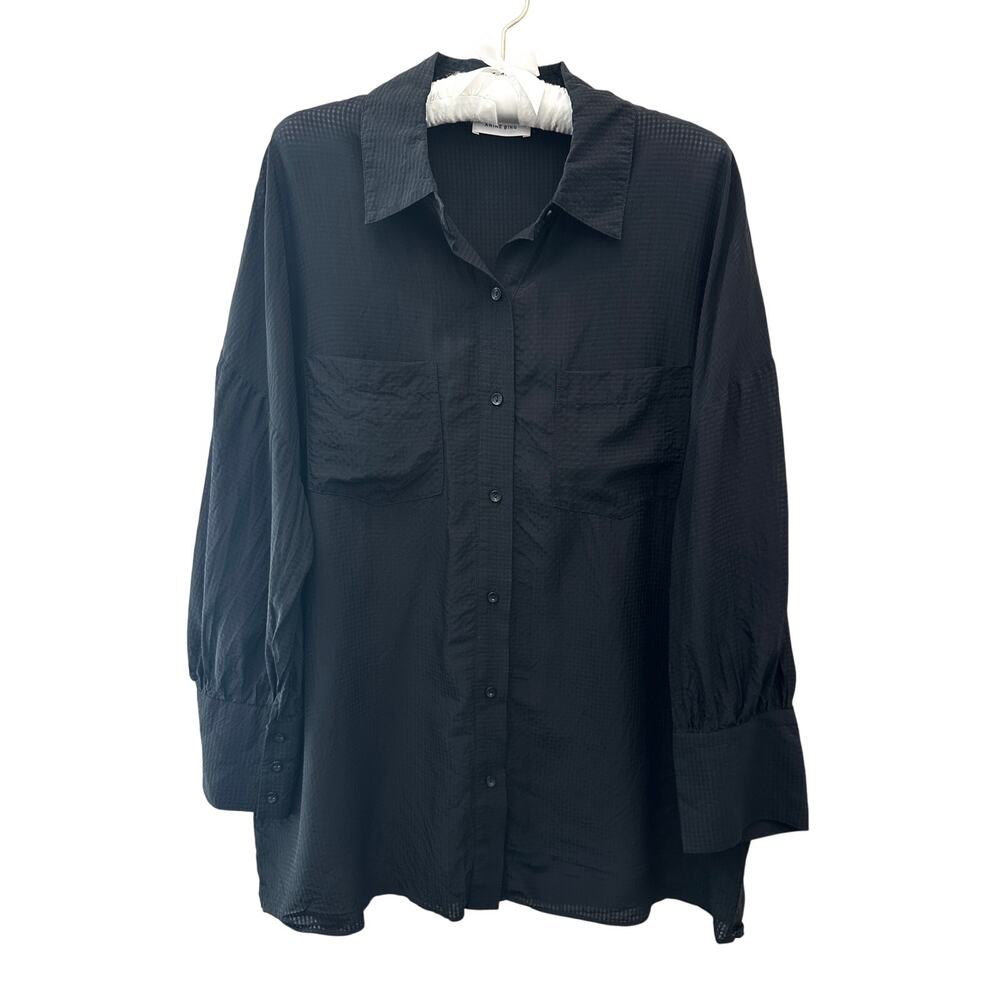 ANINE BING Black Textured Silk Blend Oversized Button Down Shirt Large Luxury